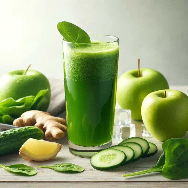 A tall glass of green detox juice surrounded by fresh spinach leaves, sliced cucumber, green apple, lemon wedge, and ginger on a light wood surface.