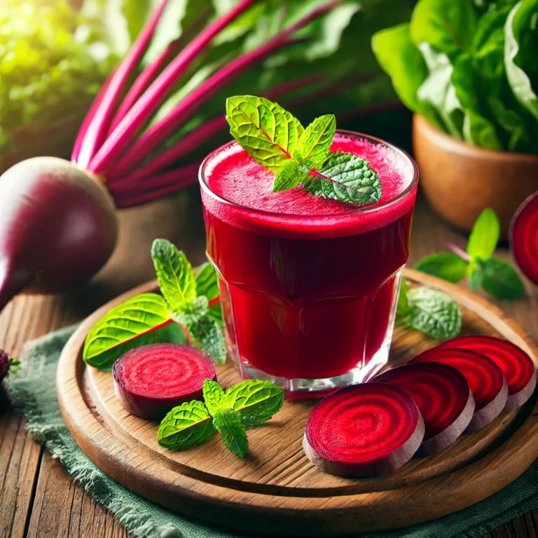 Fresh beetroot juice in a glass with raw beetroot slices on a wooden table.