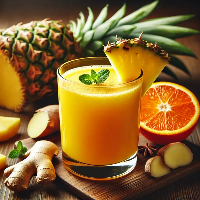 A glass of tropical juice made with pineapple, orange, and ginger on a wooden table