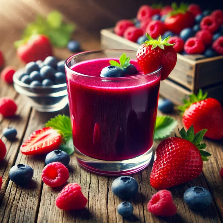 A glass of vibrant berry juice made from strawberries, blueberries, and raspberries on a wooden table.