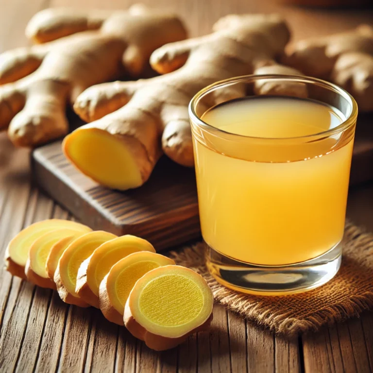 Fresh ginger root with a small glass of golden ginger juice on a wooden table.